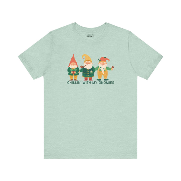 Chillin' with My Gnomies Premium Soft Tee featuring whimsical gnome graphics on a mint green shirt for relaxed vibes.