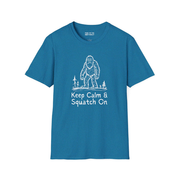 Keep Calm & Squatch On Bigfoot softstyle t-shirt in blue featuring a Sasquatch design for enthusiasts.