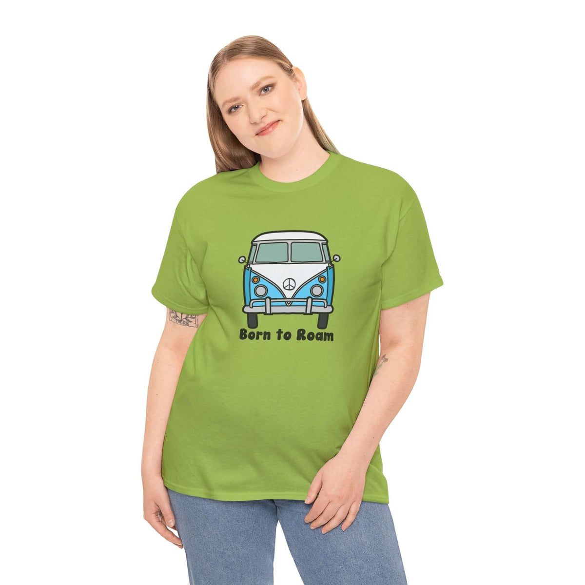 Born to Roam athletic tee featuring a blue and white vanagon bus on green fabric, ideal for adventurous spirits.