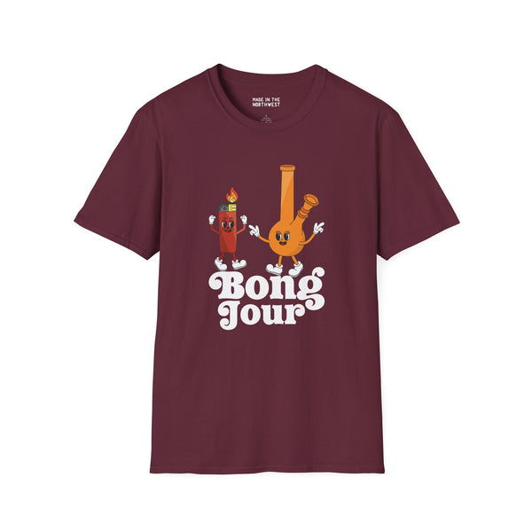 Bong Jour Softstyle T-Shirt featuring a playful bong and lighter design for cannabis lovers.