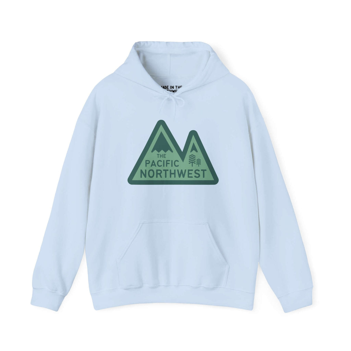 Pacific Northwest Heights Mountain hoodie in green with modern mountain design on a sleek backdrop, showcasing PNW style.