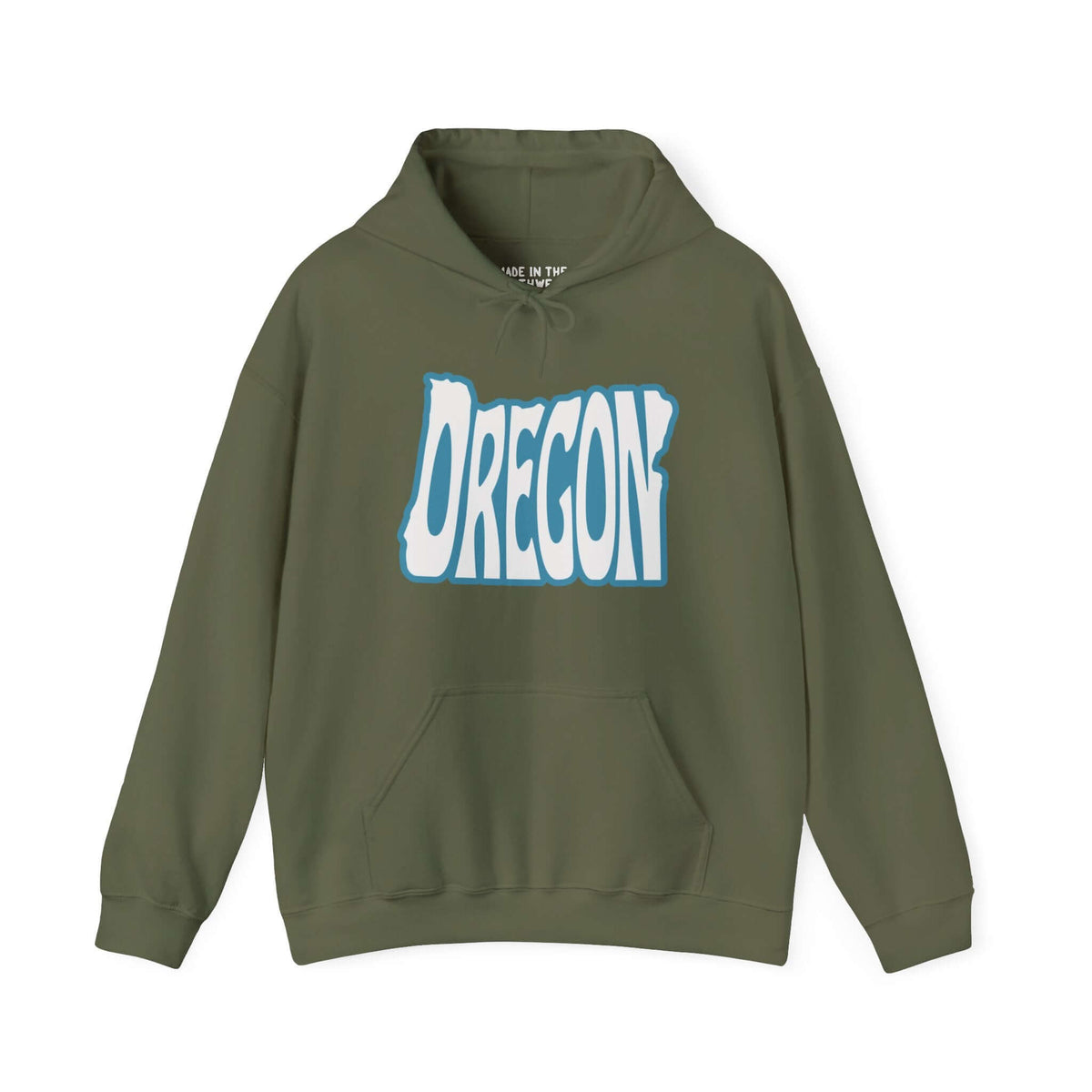 Olive green Oregon State of Mind typography hoodie with "Oregon" in state shape, showcasing Pacific Northwest pride.