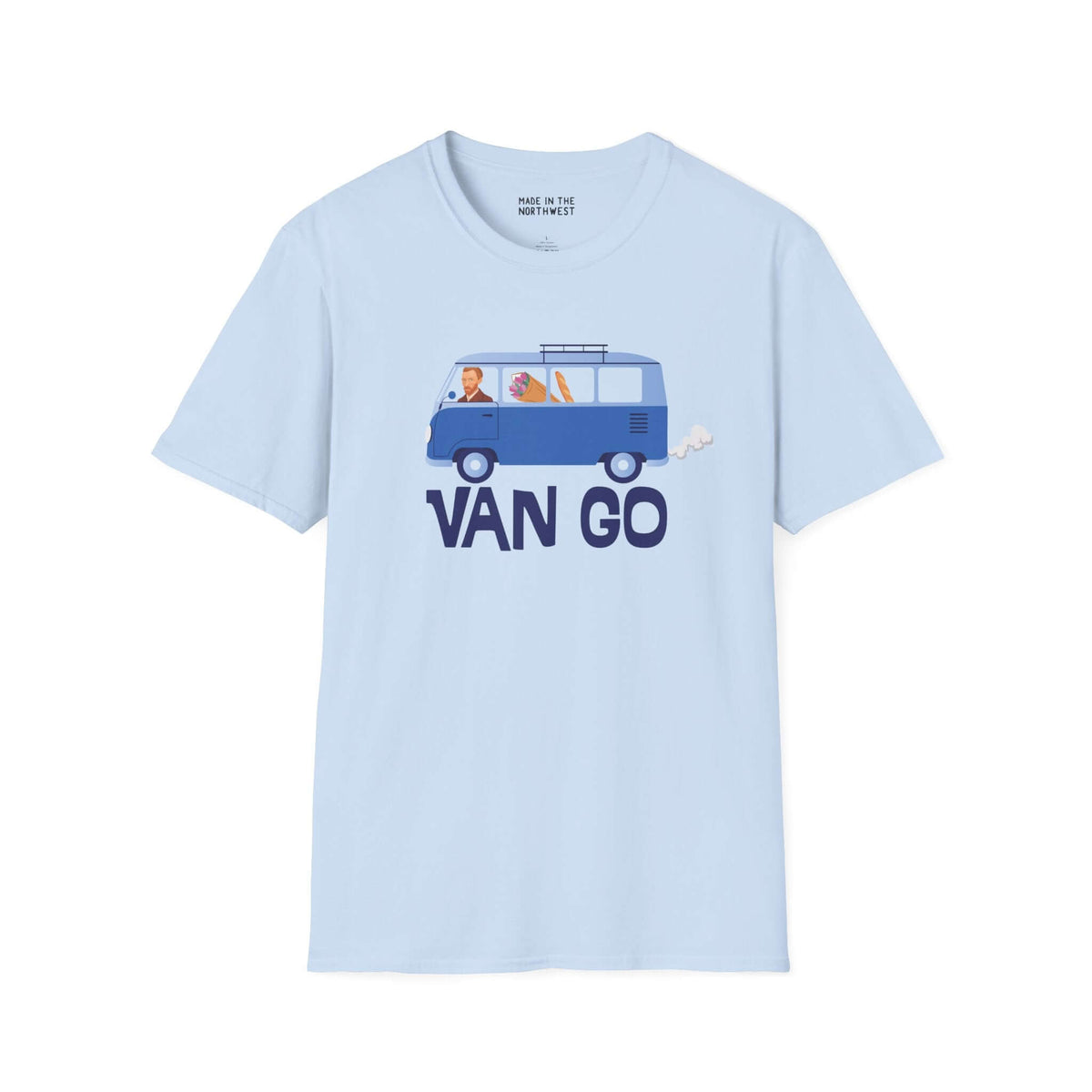 Light blue Van Go t-shirt featuring a vintage VW van and artistic design celebrating creativity and travel.