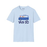 Light blue Van Go t-shirt featuring a vintage VW van and artistic design celebrating creativity and travel.