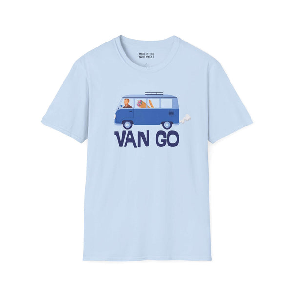 Light blue Van Go t-shirt featuring a vintage VW van and artistic design celebrating creativity and travel.