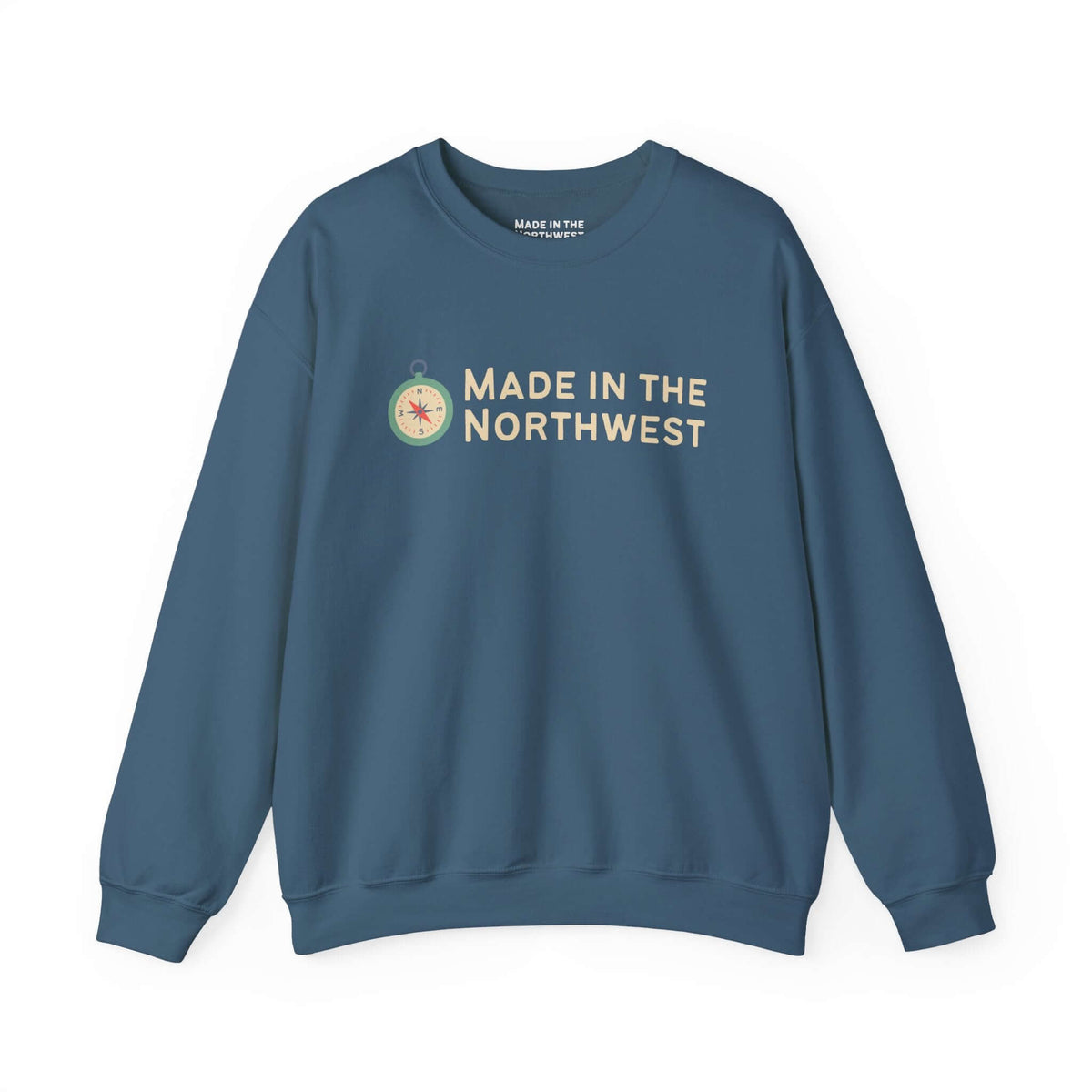 Made in the Northwest Sweatshirt featuring a compass design in a cozy blue color.