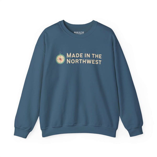Made in the Northwest Sweatshirt featuring a compass design in a cozy blue color.