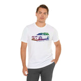 Man wearing In AWD We Trust tee featuring a slammed Subaru WRX wagon design.
