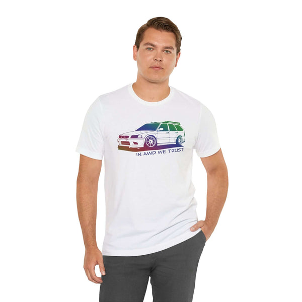 Man wearing In AWD We Trust tee featuring a slammed Subaru WRX wagon design.