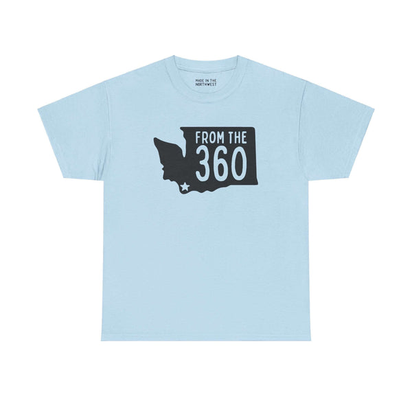 Light blue tee featuring "From the 360" text with Washington state silhouette and Vancouver star, representing local pride.