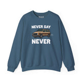 Never Say Never Vintage 80s Van Sweatshirt featuring a classic Dodge Caravan graphic in blue.