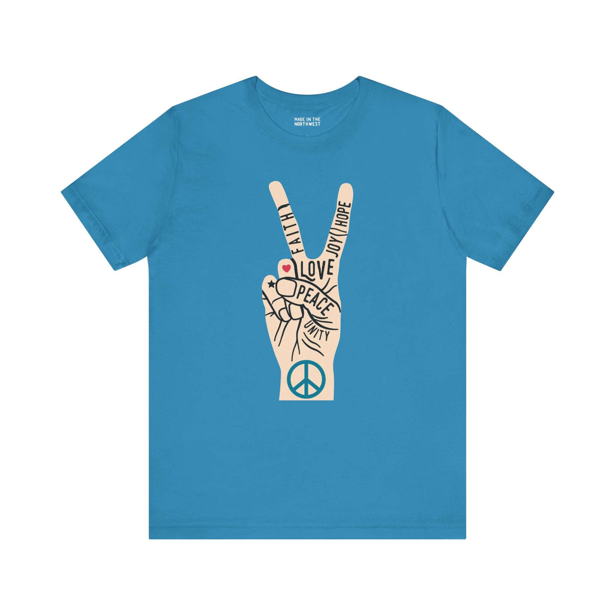Power in Peace Premium Soft Tee featuring a hand making a peace sign with uplifting words promoting positivity.