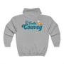 Back view of gray Feelin' Couvey floral full zip hoodie, showcasing vibrant logo for cozy Vancouver vibes.