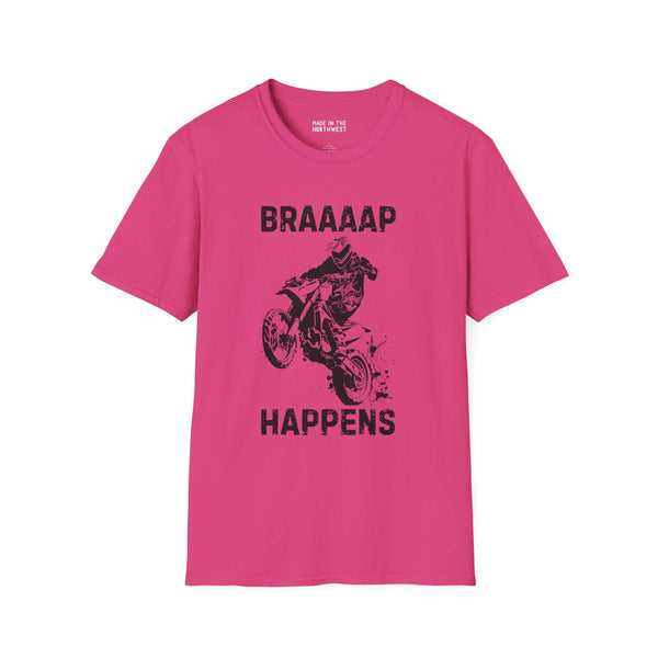 Braaaap Happens motocross softstyle t-shirt in vibrant pink with dirt bike graphic.