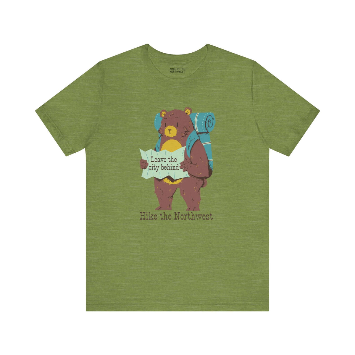 Green tee with a bear holding a map and backpack, featuring the text "Leave the city behind. Hike the Northwest."