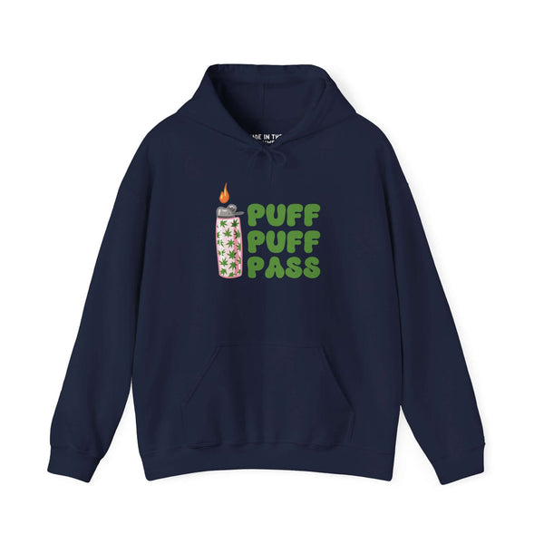 Navy hooded sweatshirt with 'Puff Puff Pass' and lighter design, perfect for cannabis enthusiasts.