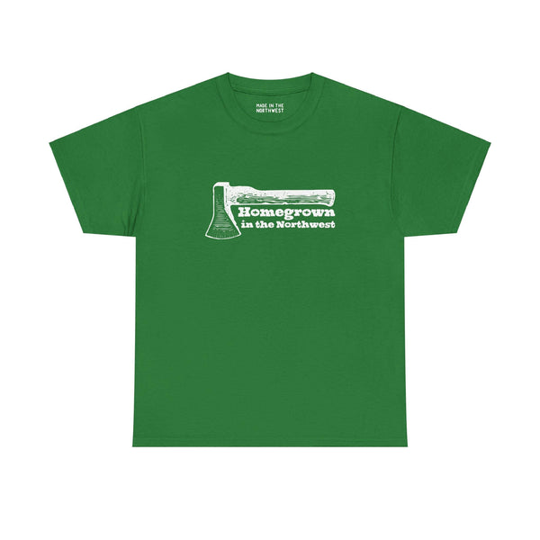 Green "Homegrown in the Northwest" tee with axe graphic, celebrating Pacific Northwest spirit.