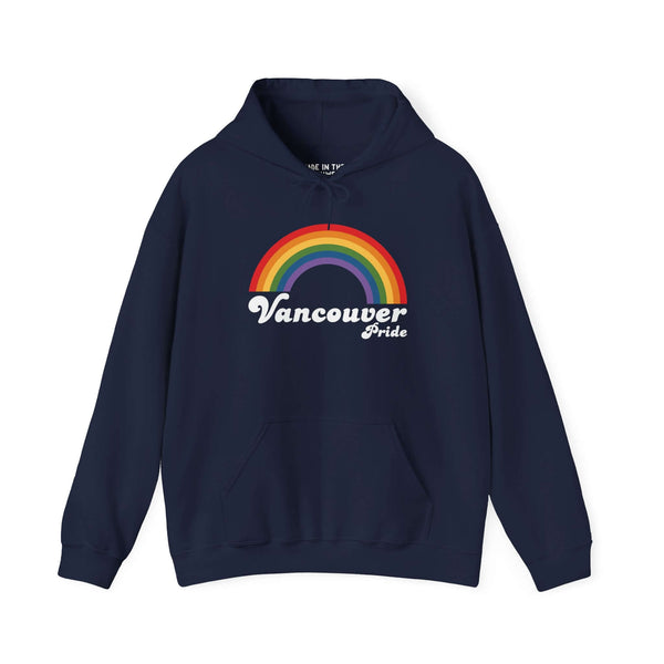 Navy hoodie with retro rainbow design and 'Vancouver Pride' text, celebrating LGBTQ+ pride.