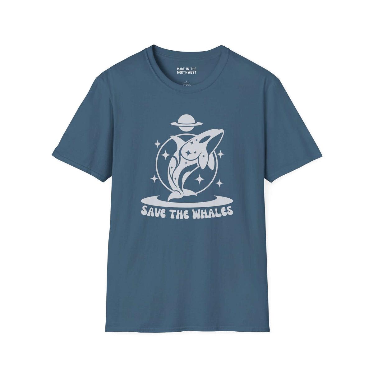 Save the Whales Orca graphic softstyle t-shirt on a blue background, perfect for ocean lovers and marine life enthusiasts.