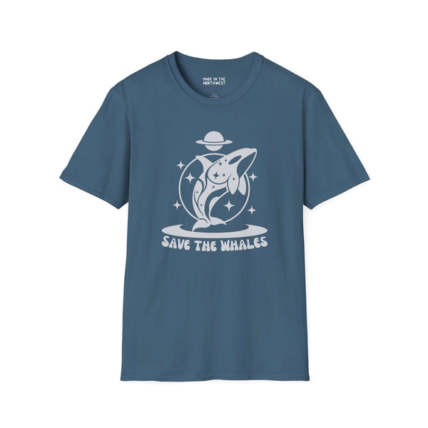 Save the Whales Orca graphic softstyle t-shirt on a blue background, perfect for ocean lovers and marine life enthusiasts.