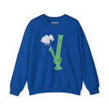 Blue sweatshirt featuring a green bong graphic with smoke and 