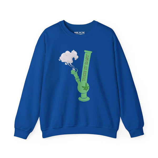 Blue sweatshirt featuring a green bong graphic with smoke and "Toke It Easy" text, embracing PNW cannabis culture.