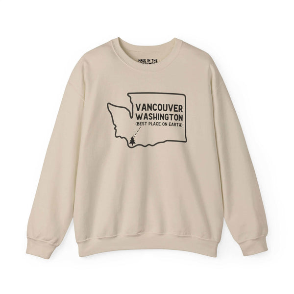 Vancouver Washington sweatshirt with state outline and tree icon, showcasing Pacific Northwest pride.