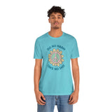 Premium soft tee with blue color, featuring a peace flower design and the phrase 'Do No Harm, Take No Shit'.