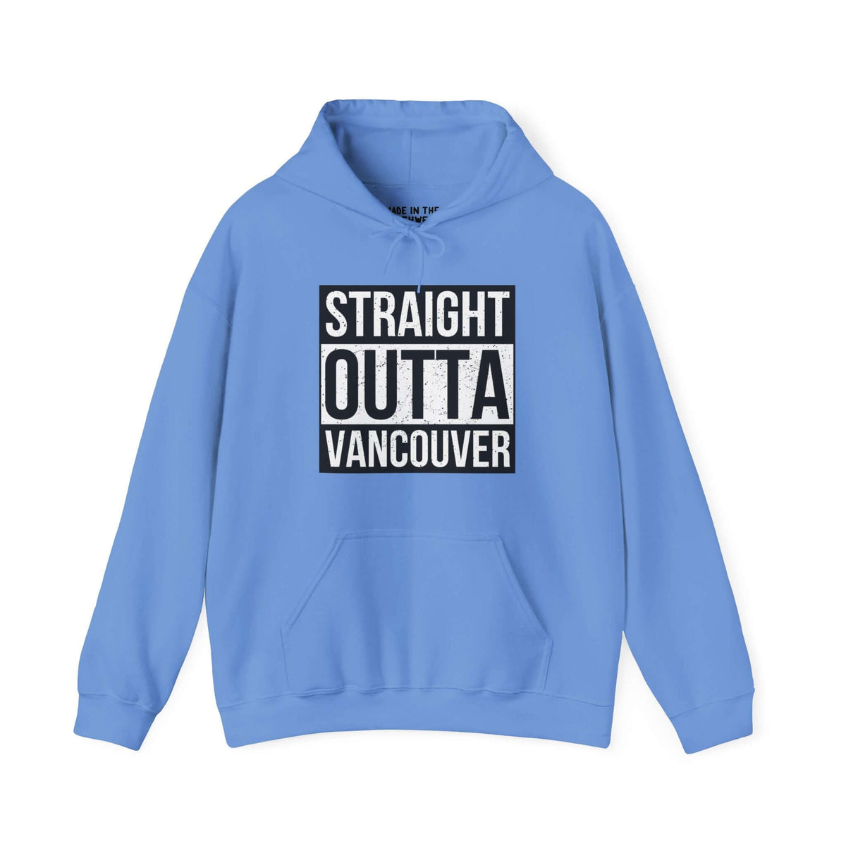 Blue hoodie with "Straight Outta Vancouver" text, inspired by streetwear style, showcasing local pride.