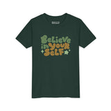 Believe in Yourself Kids T Shirt featuring colorful lettering on a dark green t-shirt.