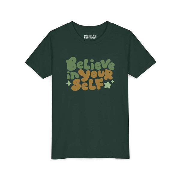 Believe in Yourself Kids T Shirt featuring colorful lettering on a dark green t-shirt.