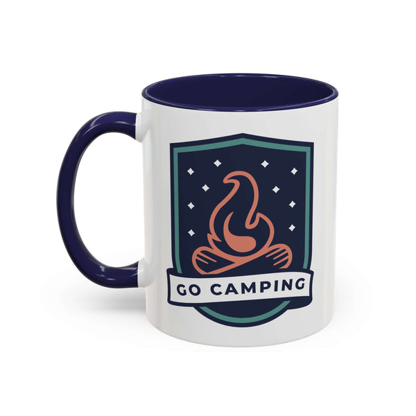 Go Camping Coffee Mug with campfire illustration and colorful interior, perfect for outdoor enthusiasts.