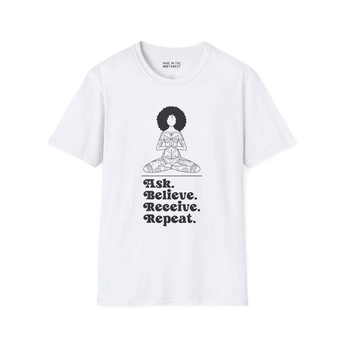 Ask Believe Receive Repeat Softstyle T-Shirt featuring a serene graphic of a spiritual woman.