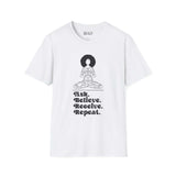 Ask Believe Receive Repeat Softstyle T-Shirt featuring a serene graphic of a spiritual woman.