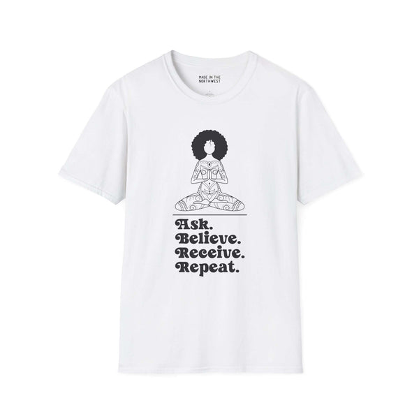 Ask Believe Receive Repeat Softstyle T-Shirt featuring a serene graphic of a spiritual woman.
