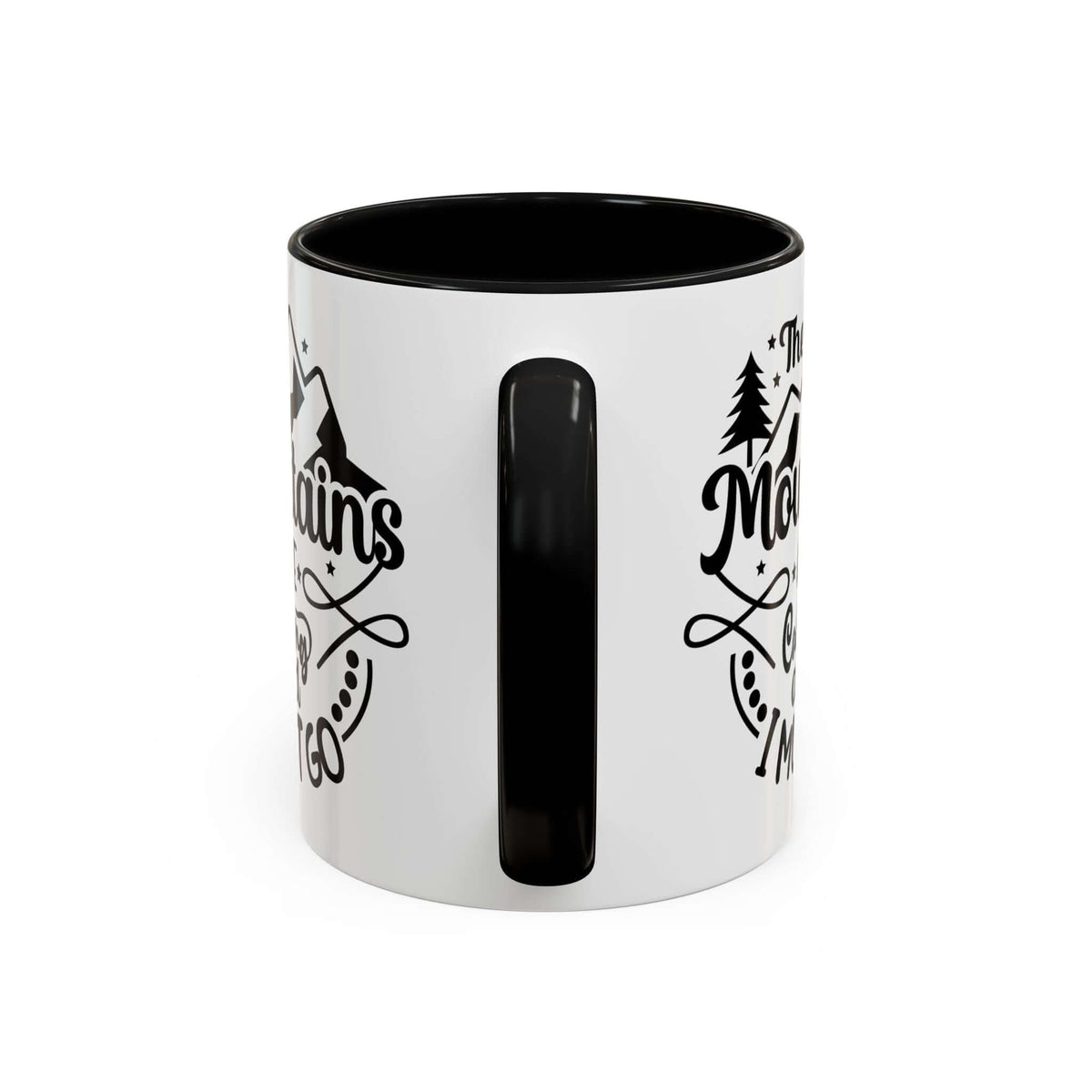 The Mountains Are Calling and I Must Go Mug with black handle and alpine design.
