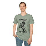 Smiling man wearing Braaaap Happens motocross softstyle t-shirt in olive green, embodying the thrill of dirt biking.