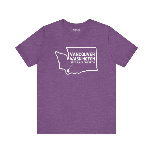 Vancouver Washington soft tee with state outline and tree icon, showcasing Pacific Northwest pride in purple fabric.