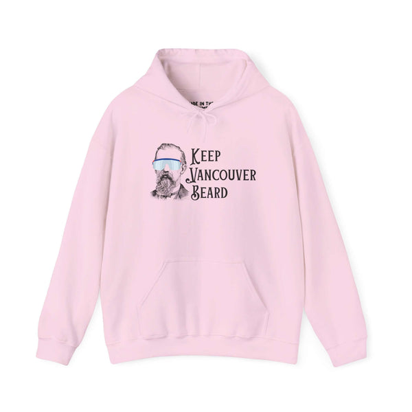 Keep Vancouver Beard hoodie in pink featuring a vintage bearded icon with sunglasses.