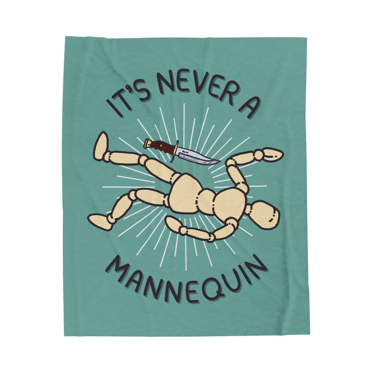 It's Never a Mannequin True Crime Lightweight Cozy Blanket featuring a playful design with a mannequin and knife.