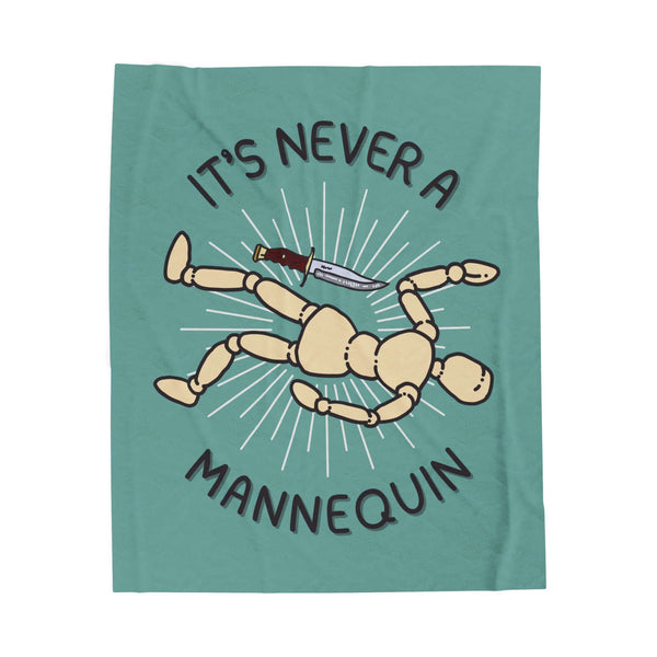 It's Never a Mannequin True Crime Lightweight Cozy Blanket featuring a playful design with a mannequin and knife.