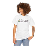 Model wearing a Made in the Northwest T Shirt with compass logo, showcasing Pacific Northwest pride.