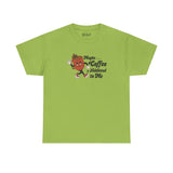 Green athletic tee featuring playful 'Maybe Coffee is Addicted to Me' design for coffee lovers.