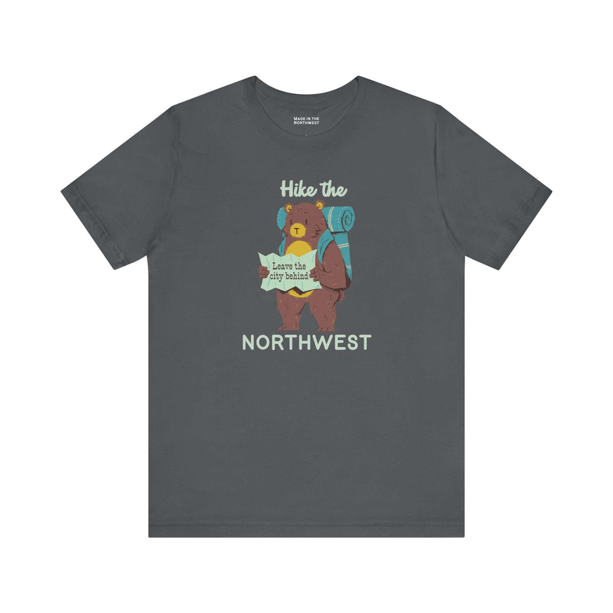 Hike the Northwest T Shirt featuring a bear with a backpack and map for outdoor enthusiasts.