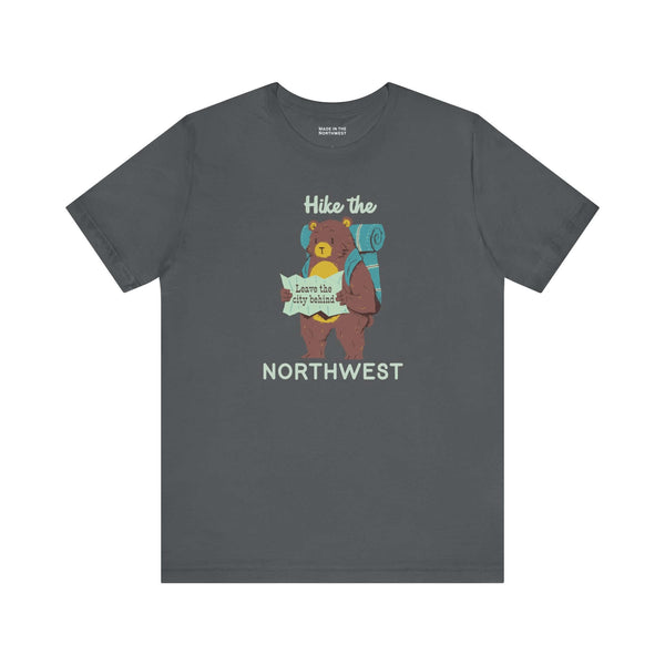 Hike the Northwest T Shirt featuring a bear with a backpack and map for outdoor enthusiasts.