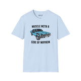 Muscle Car with a Side of Mayhem Softstyle T-Shirt featuring a 1967 Ford Mustang GT Fastback graphic on a light blue tee.