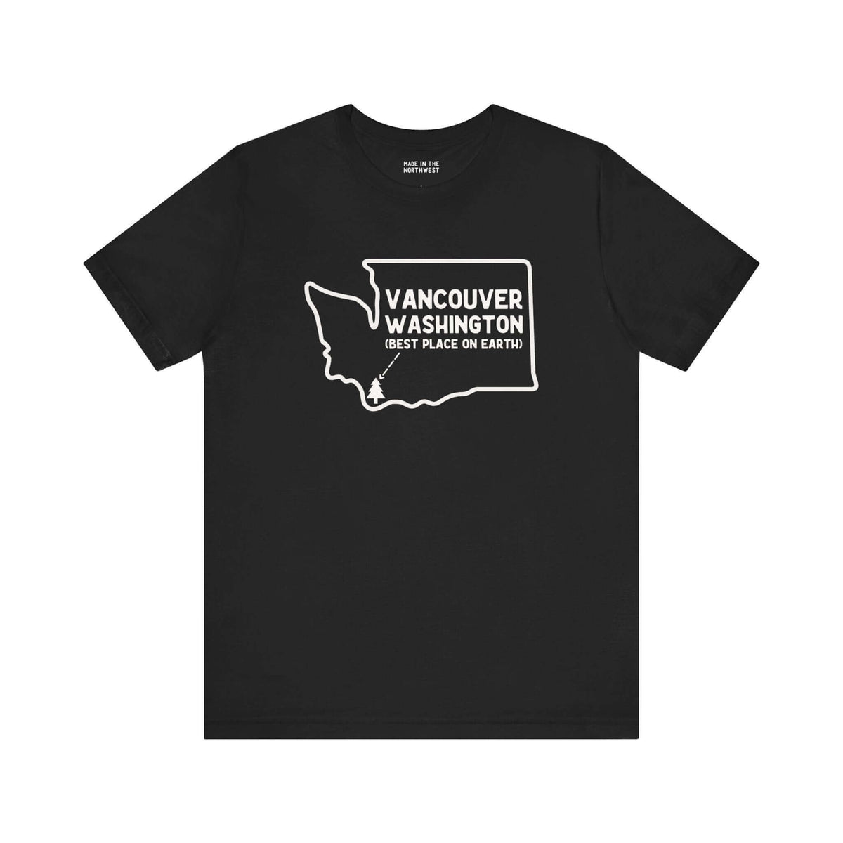 Vancouver Washington soft tee with state outline and tree icon, showcasing Pacific Northwest pride and hometown love.