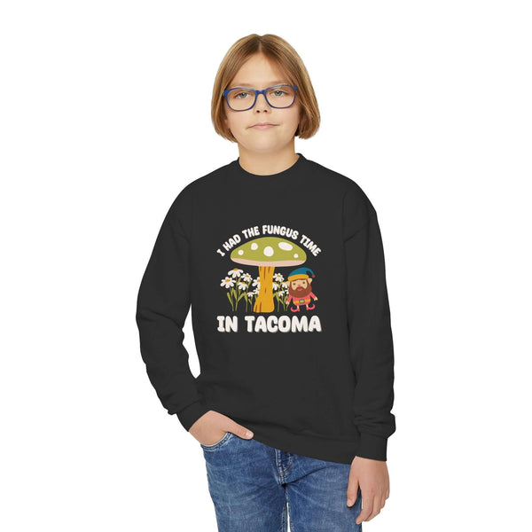 Black kids sweatshirt featuring 'I Had the Fungus Time in Tacoma' with a mushroom and gnome design.