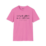 Pink softstyle t-shirt with text 'Serial Killer Documentaries Are My Love Language' for true crime fans.