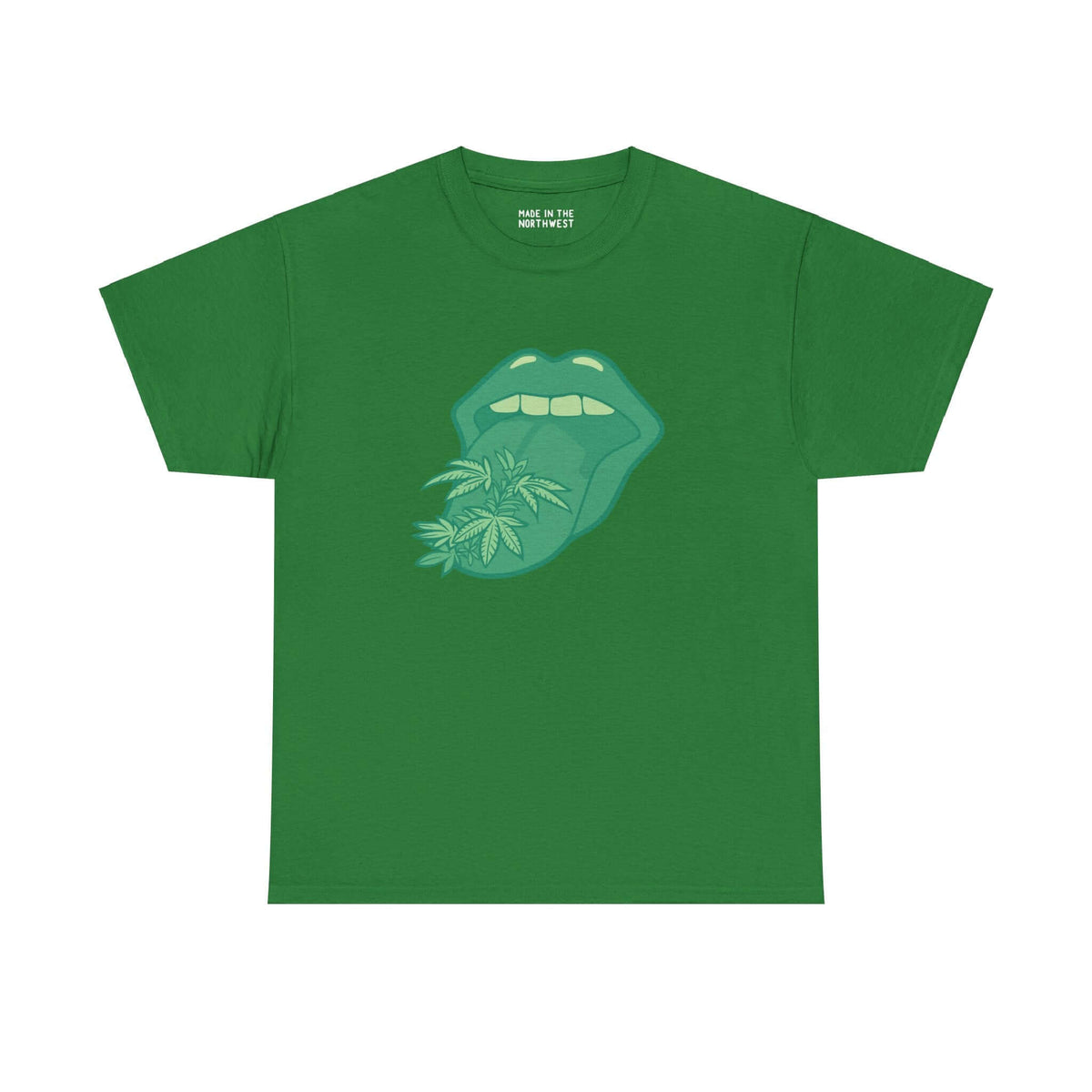 Green tee with bold tongue and marijuana leaf design, Tongue Tied and Lifted graphic, statement athletic shirt for style.